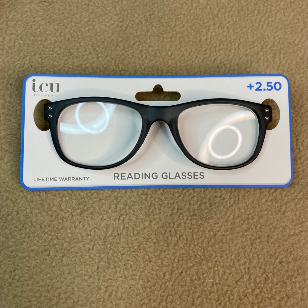 ICU‎ Eyewear Reading Glasses Matte Black Square Frame +2.50 Magnification NWT